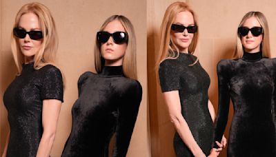 Nicole Kidman and Daughter Sunday Rose Coordinate in Black Dresses and Sunglasses for Balenciaga Fall 2024 Couture Show During Paris...