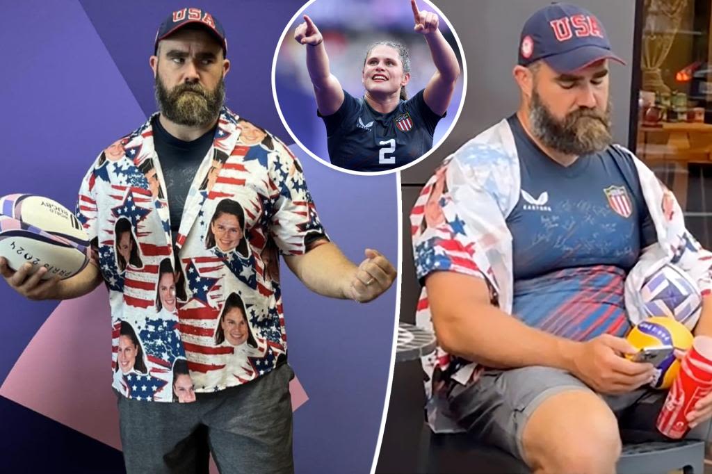 Jason Kelce supports the women’s Olympic rugby team in Paris in patriotic shirt with Ilona Maher’s face