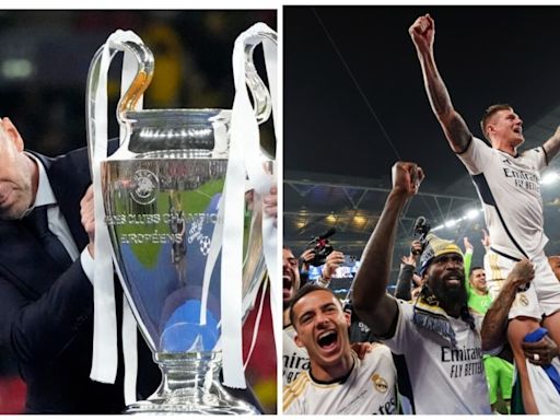 Zinedine Zidane brings out Real Madrid's 15th Champions League trophy; Toni Kroos lifted aloft in farewell game