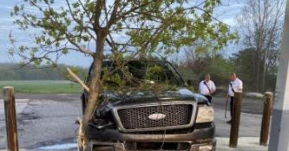 Michigan teen suspected of drunk driving found at gas station with tree stuck in pickup truck