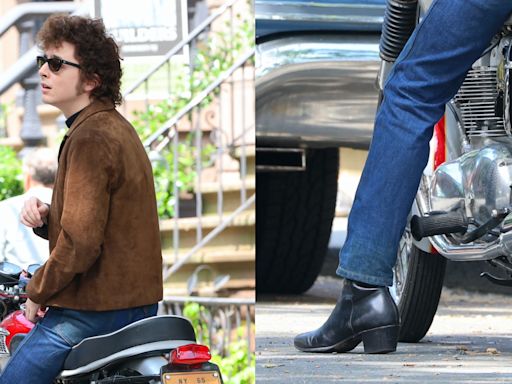 Timothée Chalamet Channels Bob Dylan in Motorcycle Jacket and Chelsea Boots on ‘A Complete Unknown’ Set