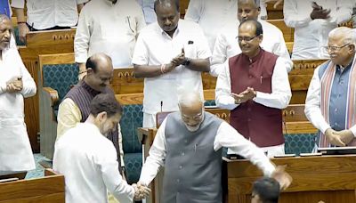 In 18th Lok Sabha, a rare gesture: PM Narendra Modi, Leader of Opp Rahul Gandhi shake hands