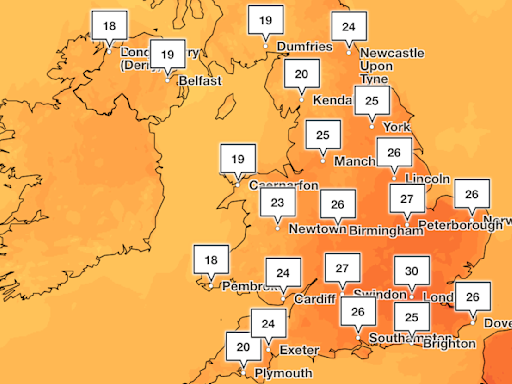 Maps show where in the UK temperatures will soar to 30C this week