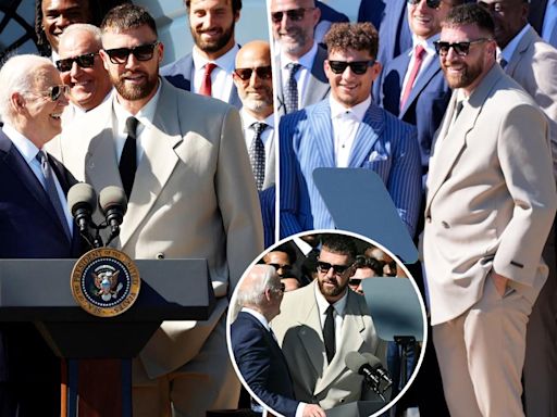 Travis Kelce sports understated tan suit for White House visit with Kansas City Chiefs