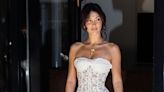 Bella Hadid Glows in a Strapless Lace Dress With a transparent Corseted Bodice