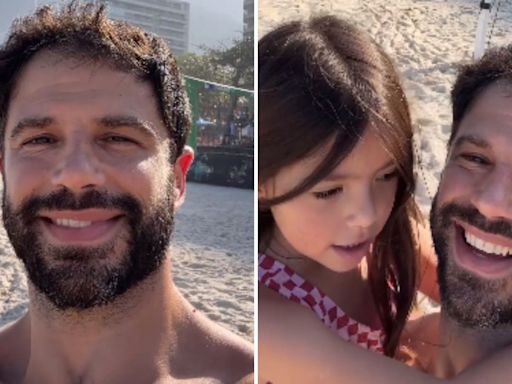 Com Sabrina Sato fora do Brasil, filha vai à praia e surge sorridente ao lado do pai, Duda Nagle