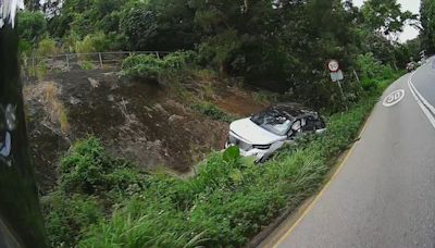 大埔公路私家車自炒撞山 斜擱山邊草叢一度冒煙 司機稱避猴釀禍