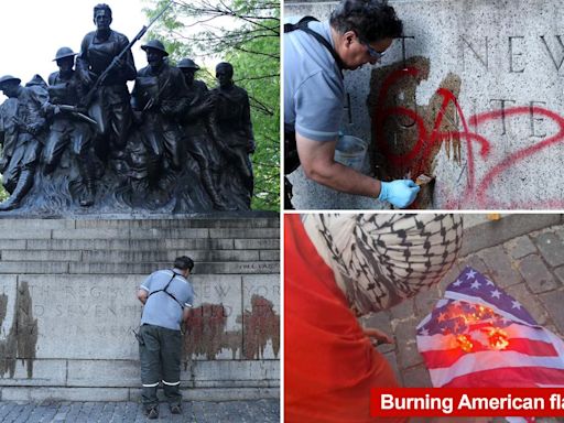 Enraged NYers rip anti-Israeli protesters for vandalizing WWI memorial, burning US flag: ‘It’s disgusting’