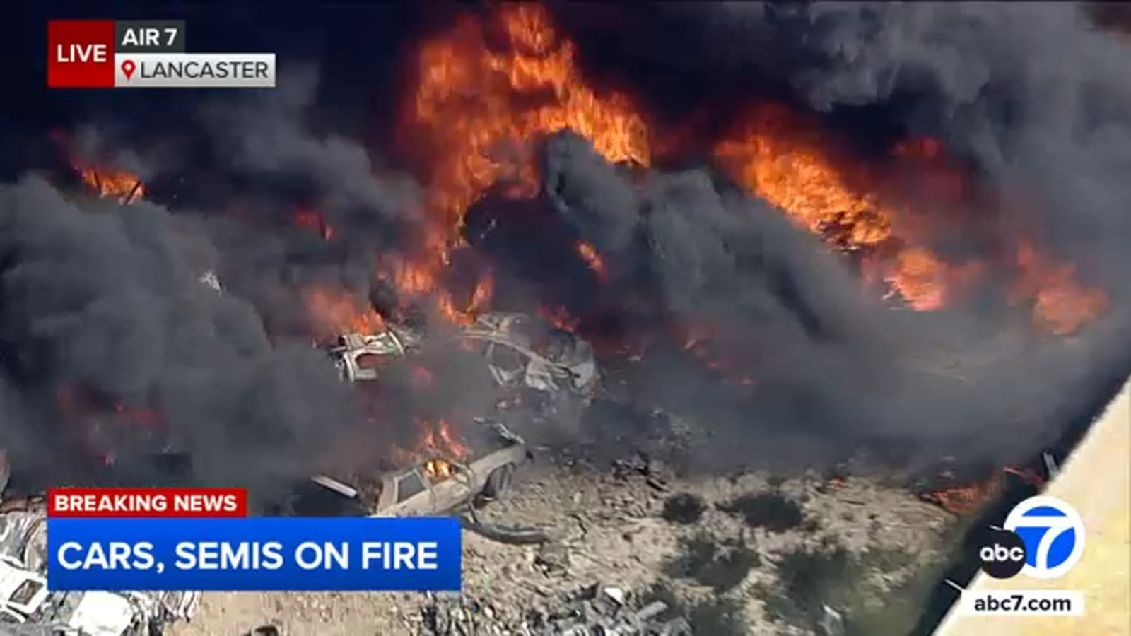 Hundreds of cars burning at Lancaster salvage yard, sending black smoke over desert