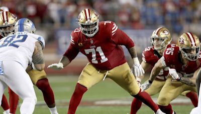 The 49ers offensive line tested in camp without All-Pro Trent Williams