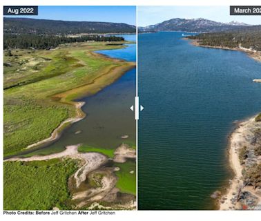 Big Bear Lake before and after a 15-foot increase in water depth thanks to winter storms