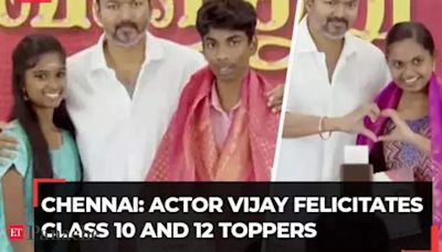 Actor Vijay felicitates three toppers of Class 10 and 12 board examinations in Chennai