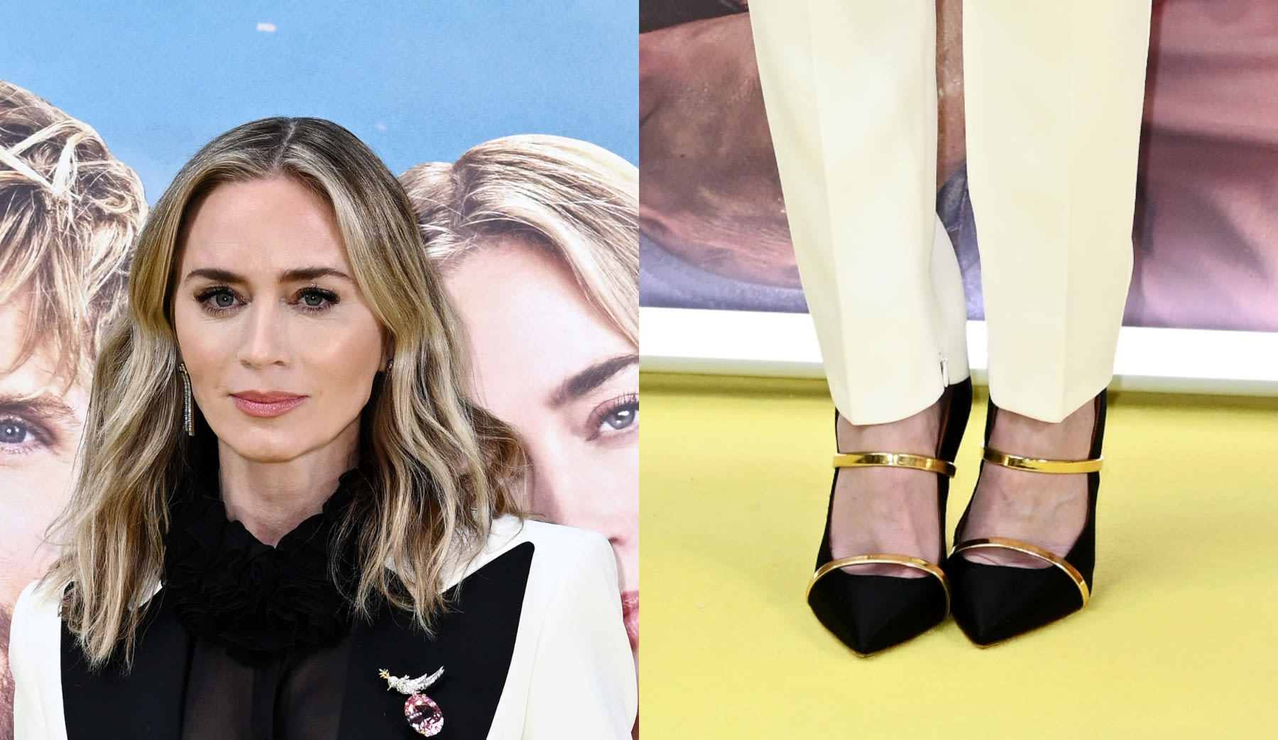 Emily Blunt Shines in Gold and Black Malone Souliers Pumps at ‘The Fall Guy’ Screening