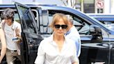 Jennifer Lopez Looks All Business at Family Lunch in a Tailored Shirt and Pinstripe Pants