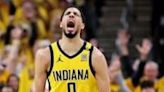 Indiana's Tyrese Haliburton reacts after making a three-pointer in the Pacers' victory over the New York Knicks in game three of their NBA Eastern Conference semi-final series