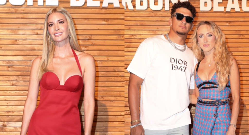 Ivanka Trump Pops in Red Magda Butrym Cocktail Dress, Patrick Mahomes in Dior and Wife Brittany in Versace at Carbone Beach for F1 Miami...