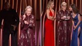 Meryl Streep trips during SAG Awards “Devil Wears Prada” reunion with Anne Hathaway in cerulean dress