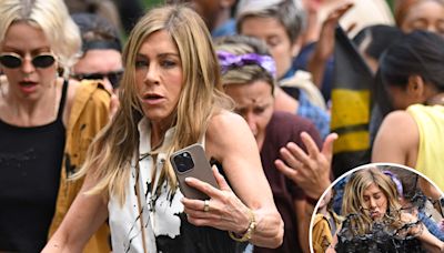 Jennifer Aniston gets fake oil thrown at her while filming ‘The Morning Show’: set photos