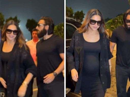 Ranveer Singh holds pregnant wife Deepika Padukone's hand as they fly out to London after 'Kalki 2898 AD' launch
