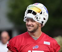 Bills Josh Allen sports another uniquely-colored helmet during Blue and Red practice