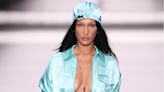 Bella Hadid Struts in a ‘Tiffany Blue’ Satin Jumpsuit at Fendi’s 25th Anniversary Baguette Show at NYFW