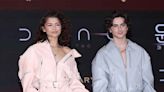 Zendaya and Timothée Chalamet Twinned in Matching Blue-and-Pink Leather Jumpsuits