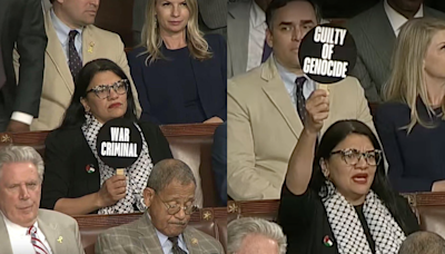 'Squad' Member Rashida Tlaib Holds 'War Criminal' Sign As Netanyahu Addresses Congress | VIDEO