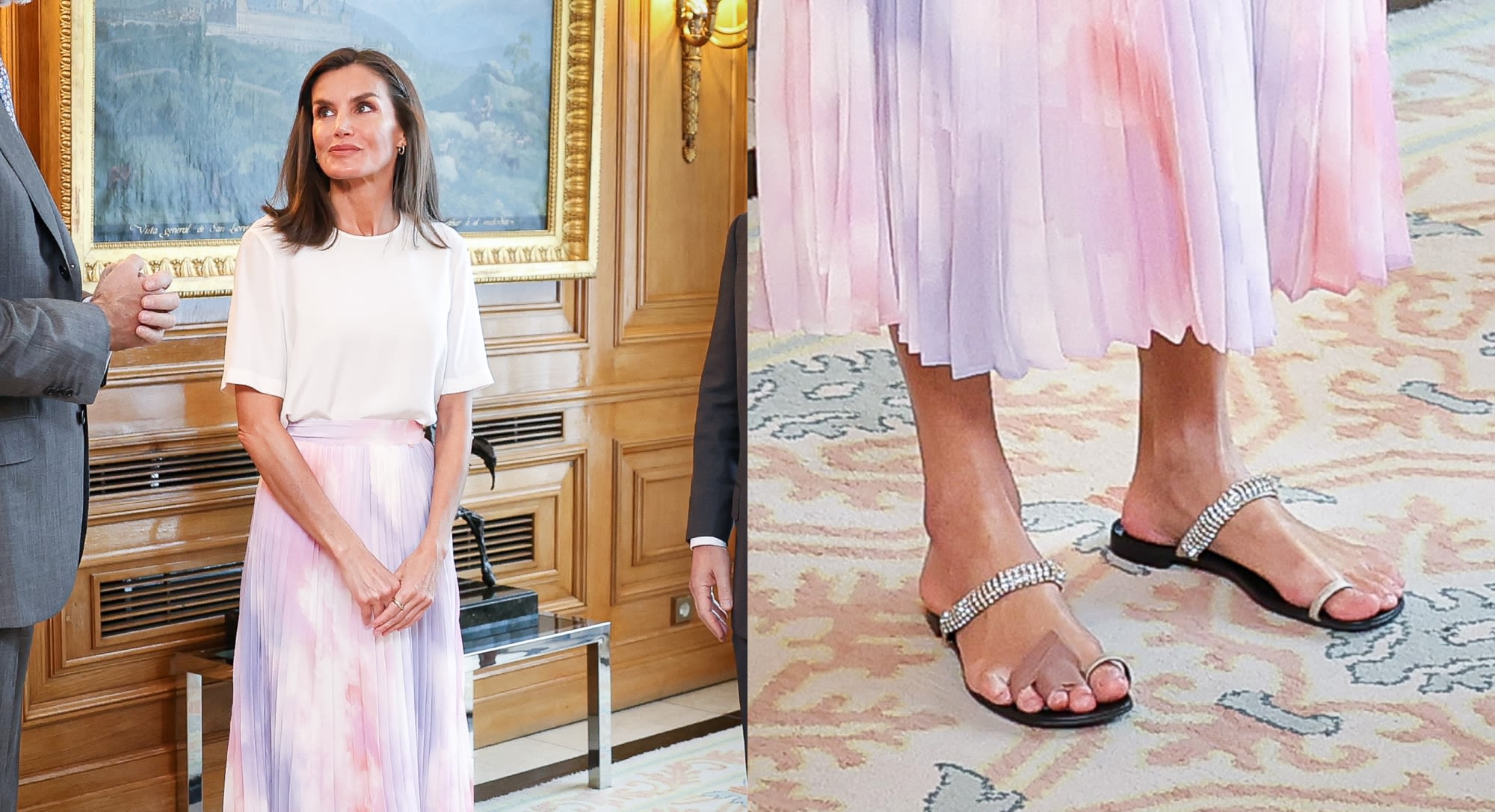 Queen Letizia Keeps it Casual Chic in Bejeweled Flats and Tie-Dye Skirt to Welcome Motion Picture Association Chairman Charles Rivkin