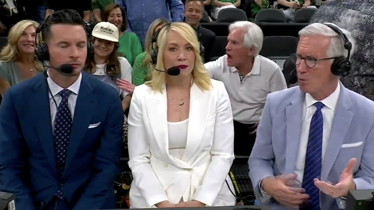 Serious Fan Directs Foot Traffic Behind ESPN Broadcasters During Halftime Show