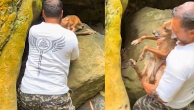 Familia que daba una caminata por sendero natural rescató a perro que quedó atrapado entre gigantescas rocas