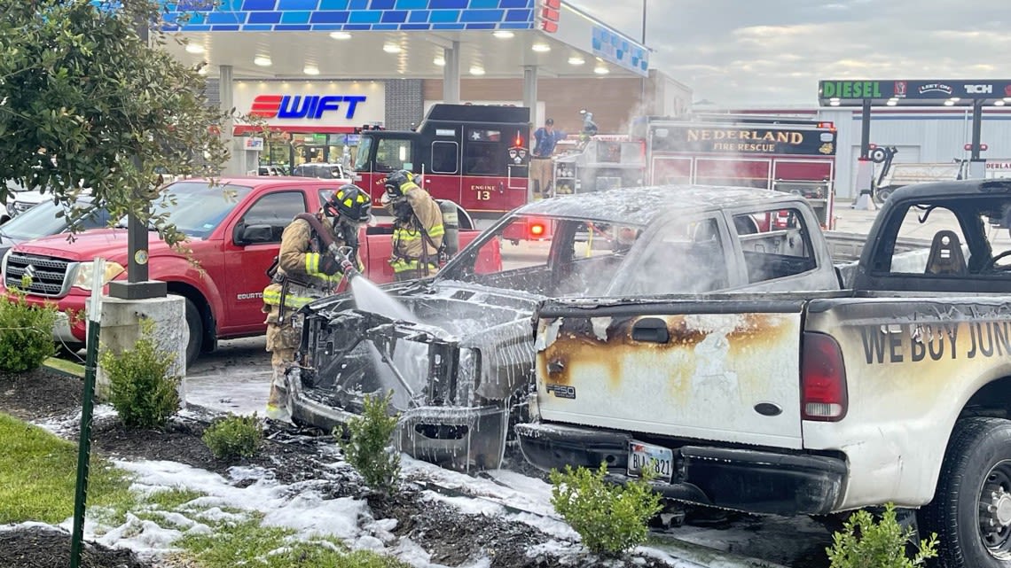 Pickup trucks burn Tuesday morning at Nederland gas station