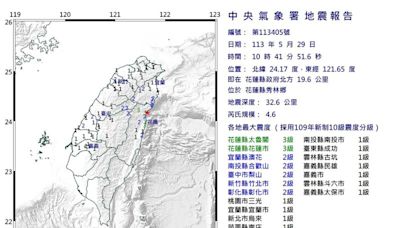 快訊／花蓮10：41規模4.6地震！最大震度3級 新北等14縣市有感