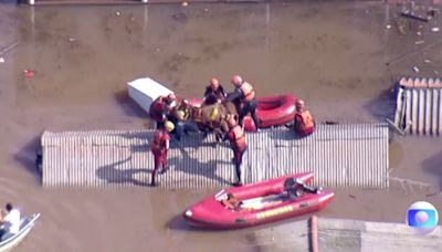 Horse stranded on roof during Brazil floods rescued by boat
