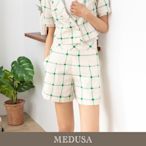 現貨【MEDUSA 曼度莎】亞麻繡線裝飾格紋小短褲（M-XL）｜女褲子 亞麻短褲 涼感