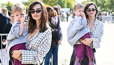 Emily Ratajkowski Models Fall’s Hottest Print at Loewe’s Spring 2025 Paris Fashion Show with Son Sylvester Apollo Bear