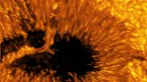 Creepy close-up images of the sun reveal yarn-like strands, dark pores, and a 'light bridge' crossing a decaying sunspot