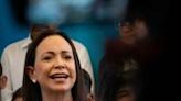 Venezuelan opposition leader Maria Corina Machado speaks during a press conference at her party headquarters in Caracas