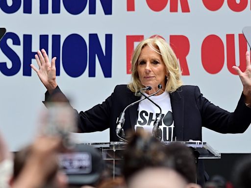 First Lady Jill Biden speaks at the Fashion For Our Future Rally on the first day of New York Fashion Week