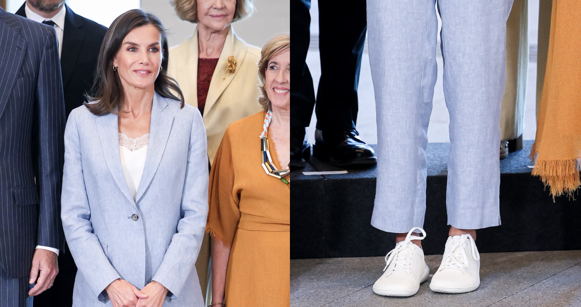 Queen Letizia Gives Power Suit a Sporty Twist With White Sneakers at the Gallery of The Royal Collections in Spain