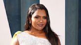 Mindy Kaling Pops for Summer in Blue Fringe Dress, Jacket and Slick Reptilian Sandals