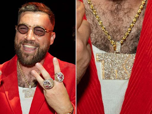 Travis Kelce’s Super Bowl Ring Ceremony ‘Fit Included the Most Blinged-Out ‘TK’ Necklace We’ve Ever Seen