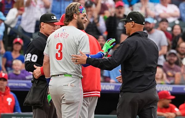 Phillies' Bryce Harper ejected after striking out in first inning on 3-2, 11-inning loss at Rockies