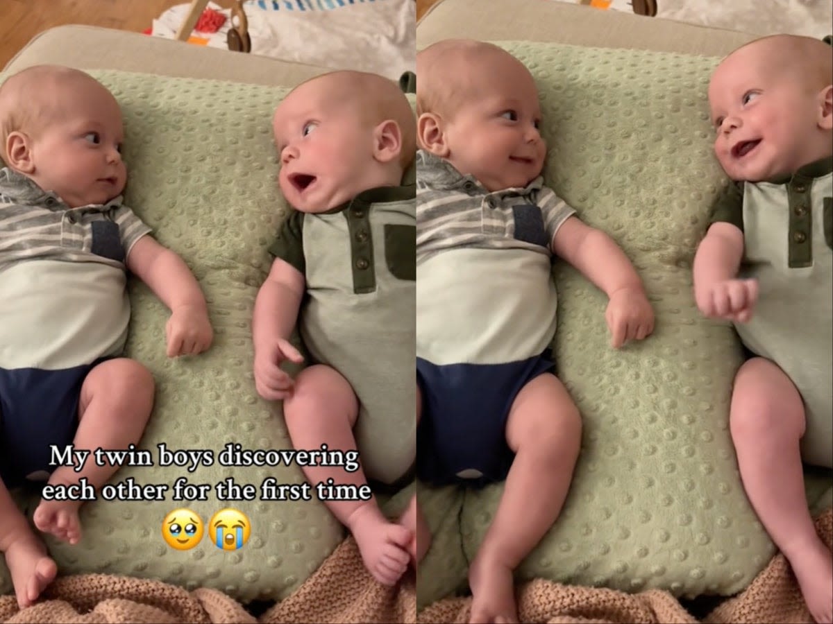 Mother films twin babies noticing each other for the first time