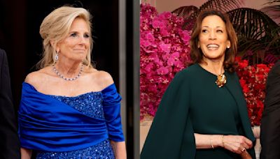 Jill Biden Dazzles in Sapphire Sergio Hudson Dress, Kamala Harris Dons Chloé Cape and More at White House State Dinner for Kenya...