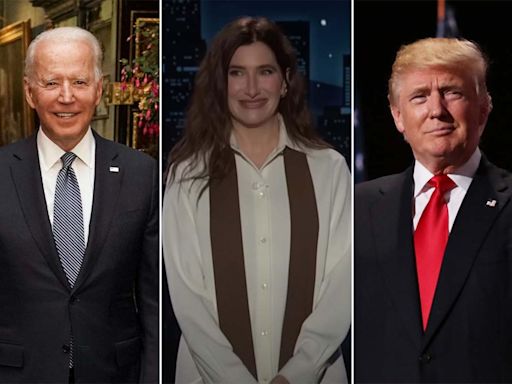 'Jimmy Kimmel Live': Kathryn Hahn jokes that a "slick bathtub" could "alter the course of history" this presidential election due to President Biden, Donald Trump's age