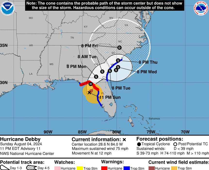 Tropical Storm Debby Updated Forecast