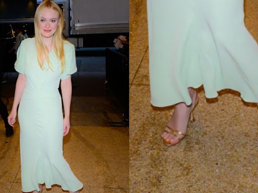 Dakota Fanning Glows in Gold Strappy Sandals and Seafoam Green Dress for ‘The Watchers’ Promo
