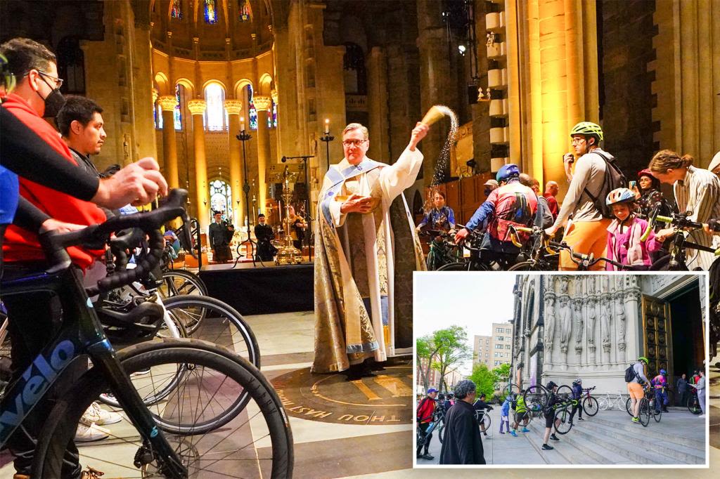 Hundreds of bicyclists are blessed at NYC church ahead of 5 Boro Bike Tour on Sunday