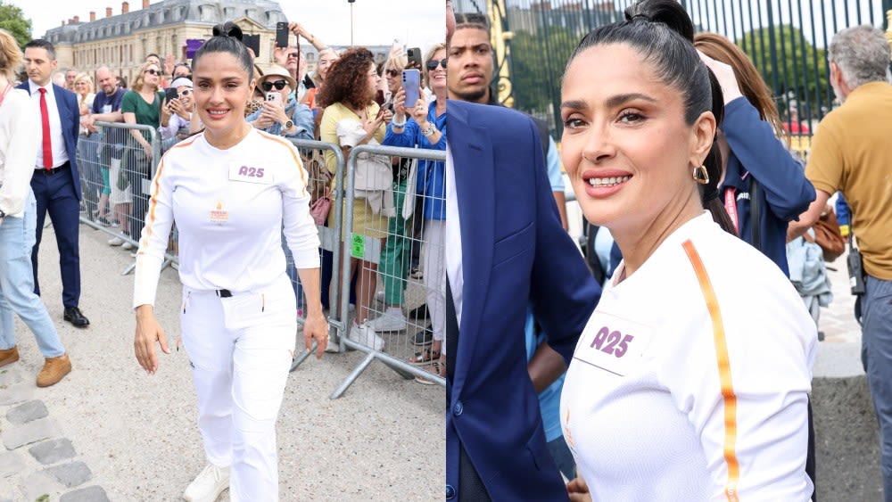 Salma Hayek Gets Fired Up for Paris Olympics Torch Relay in Tracksuit Uniform in Versailles