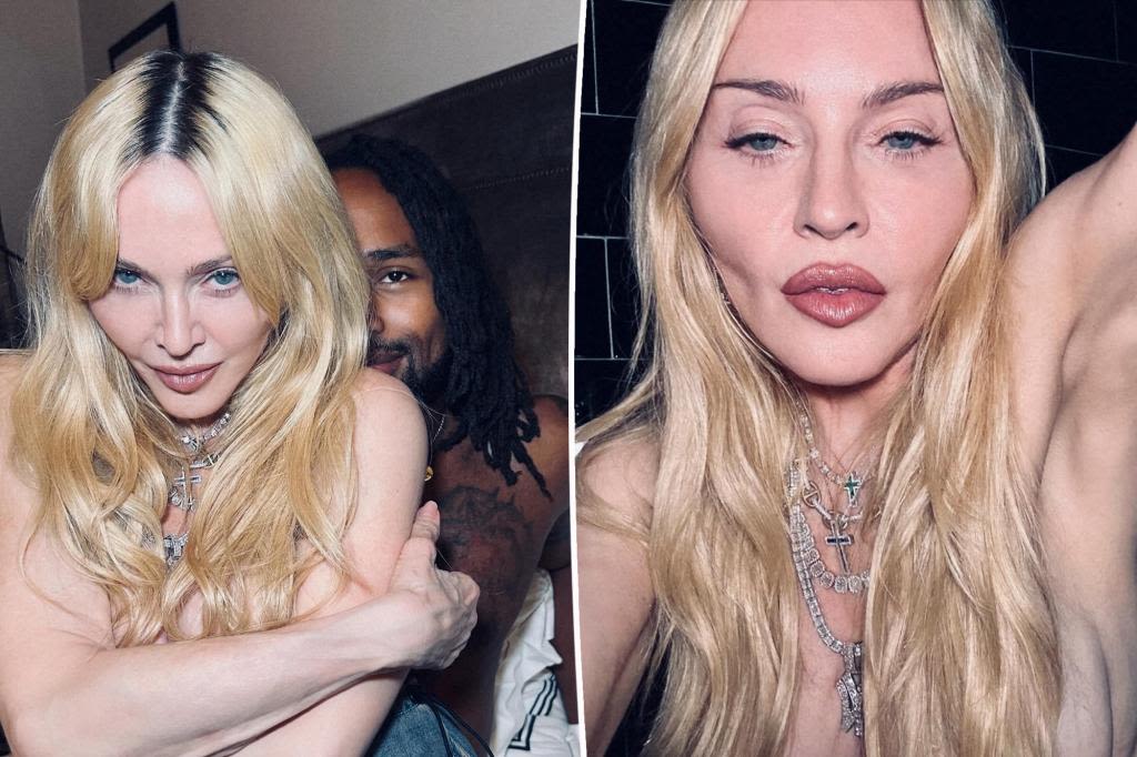 Madonna, 65, poses without a shirt on alongside much-younger rumored love interest